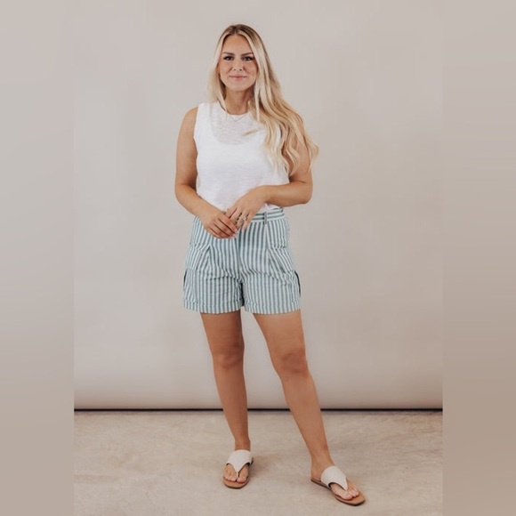 Blu Pepper Green and White Stripe Cargo Shorts - Picture 1 of 16